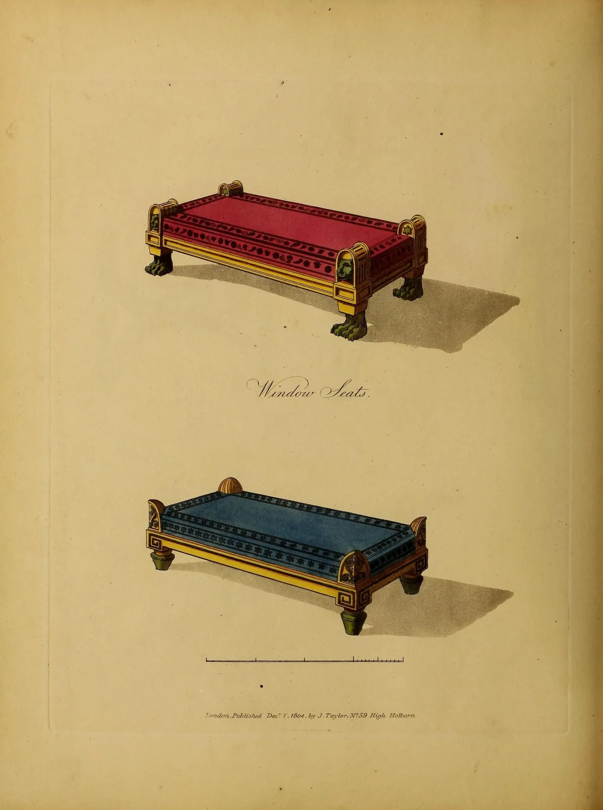 Window Seats (A Collection of Designs for Household Furniture and Interior Decoration, leaf 136)