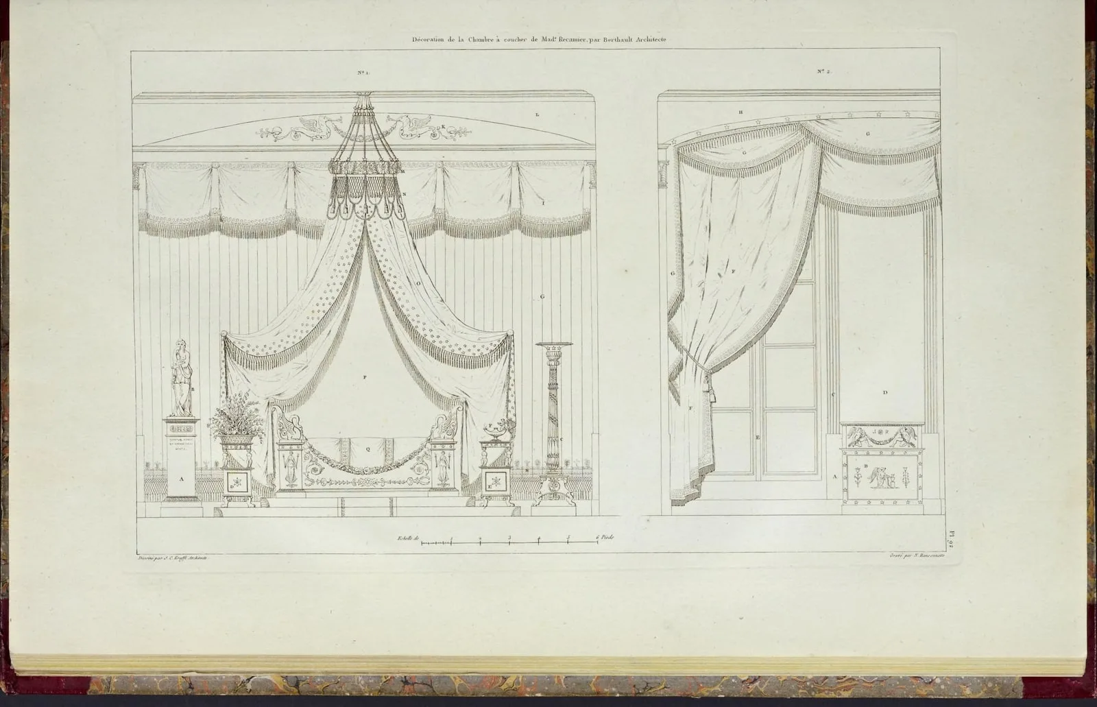 Chambre à coucher de Madame Récamier, face du côté du lit (Plans, coupes, élévations des plus belles maisons et des hôtels construits à Paris et dans les environs, leaf 226)