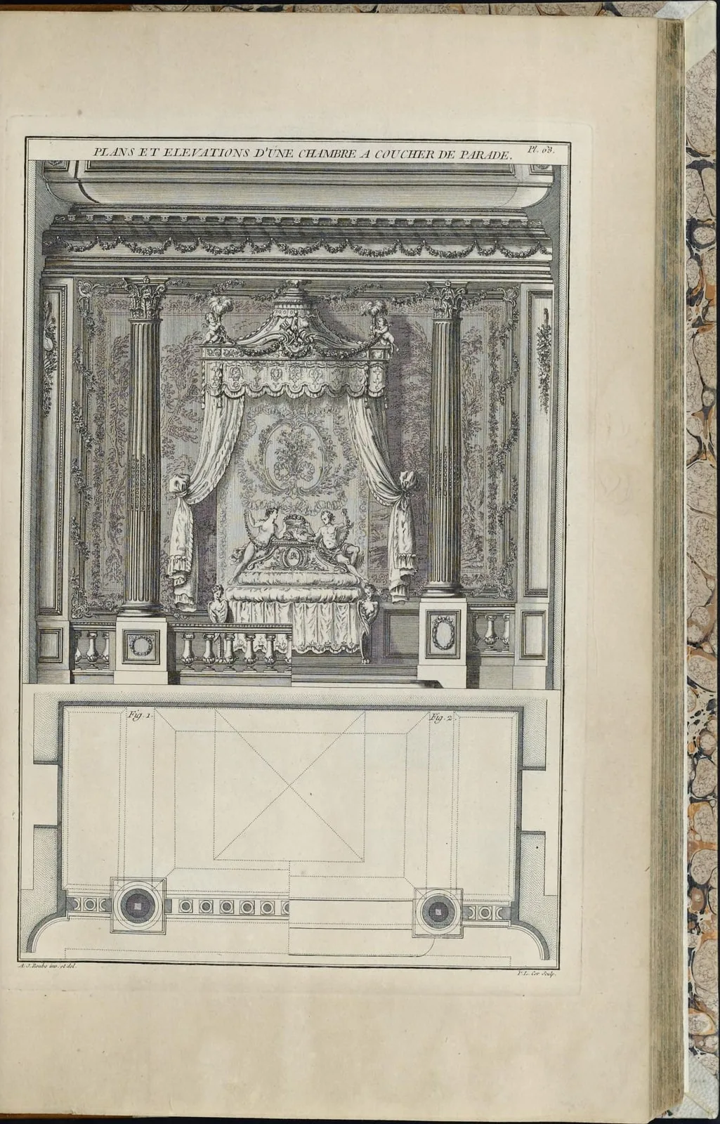 Plan et élévation d'une chambre à coucher de parade (L'Art du menuisier, seconde partie, leaf 146)