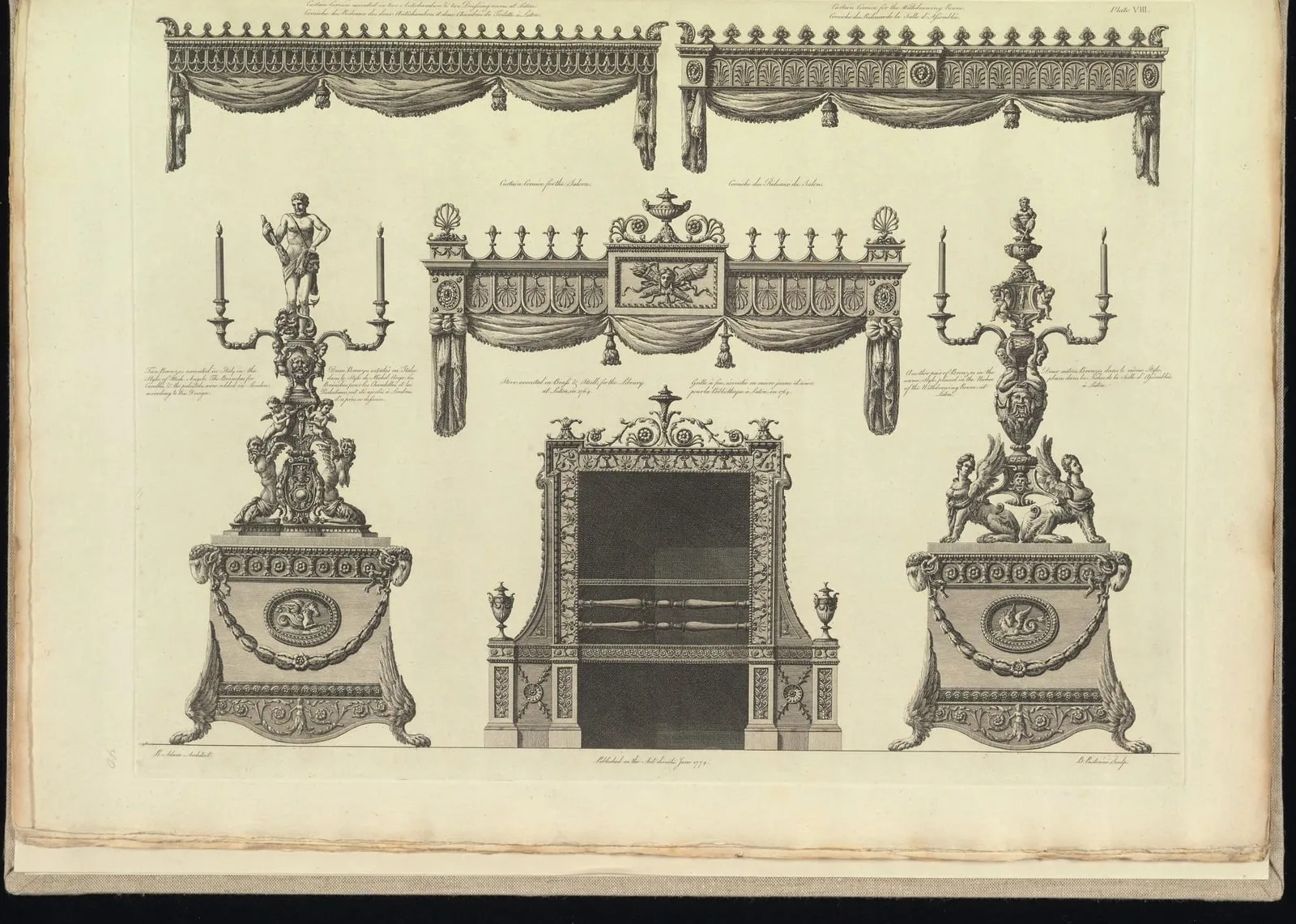 Cornices for window curtains, stove grate and candelabra, Luton (The Works in Architecture of Robert and James Adam, leaf 82)