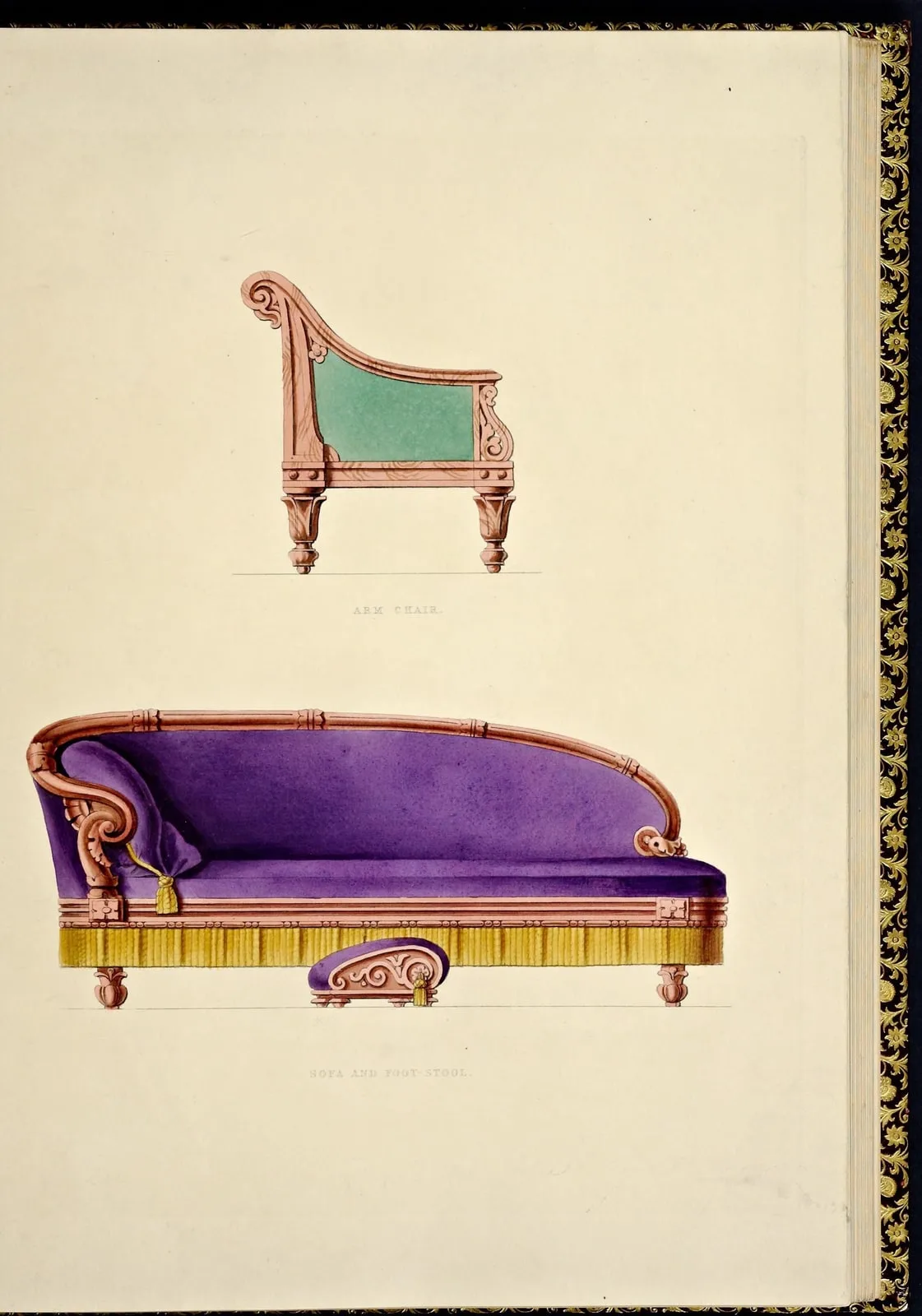 Design for an arm chair, or sofa, and a couch and footstool (Furniture with Candelabra and Interior Decoration, leaf 52)