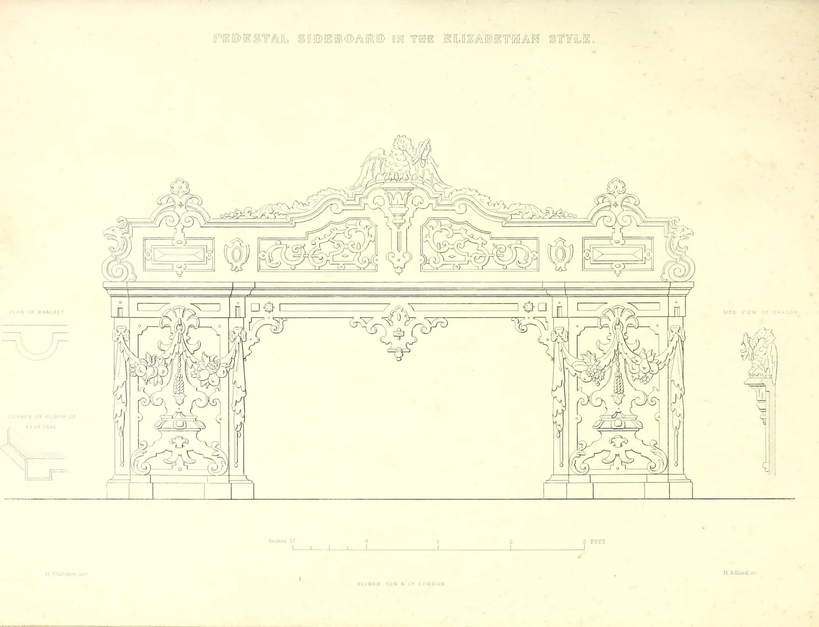 Pedestal Sideboard in the Elizabethan Style (The Practical Cabinet Maker & Upholsterer's Treasury of Designs, leaf 87)
