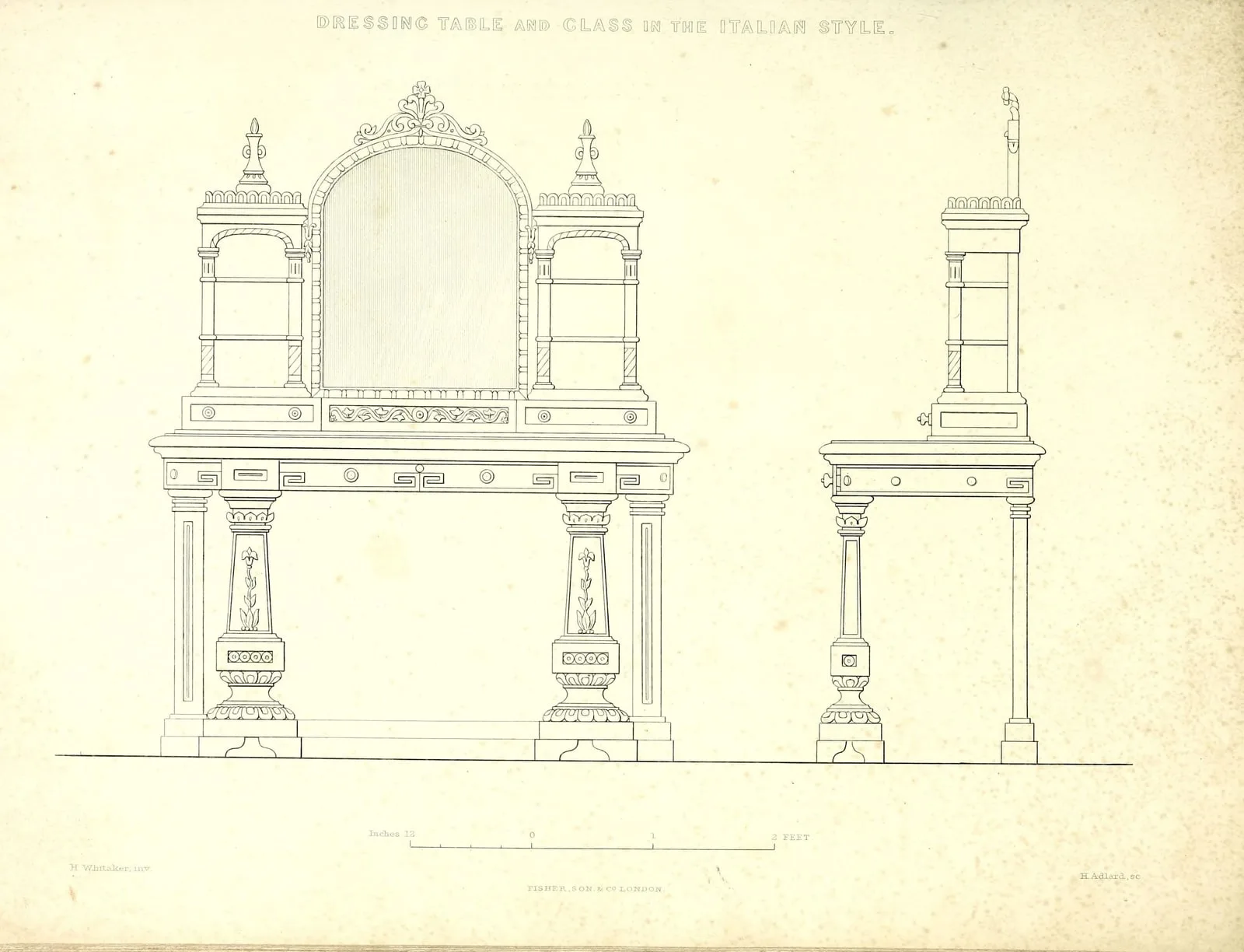Dressing Table and Glass in the Italian Style (The Practical Cabinet Maker & Upholsterer's Treasury of Designs, leaf 99)