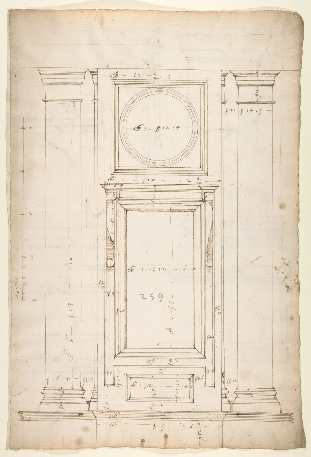 San Lorenzo, Library, Ricetto, window, elevation (recto); San Lorenzo, Library, Ricetto, column, elevation; details, elevation (verso)