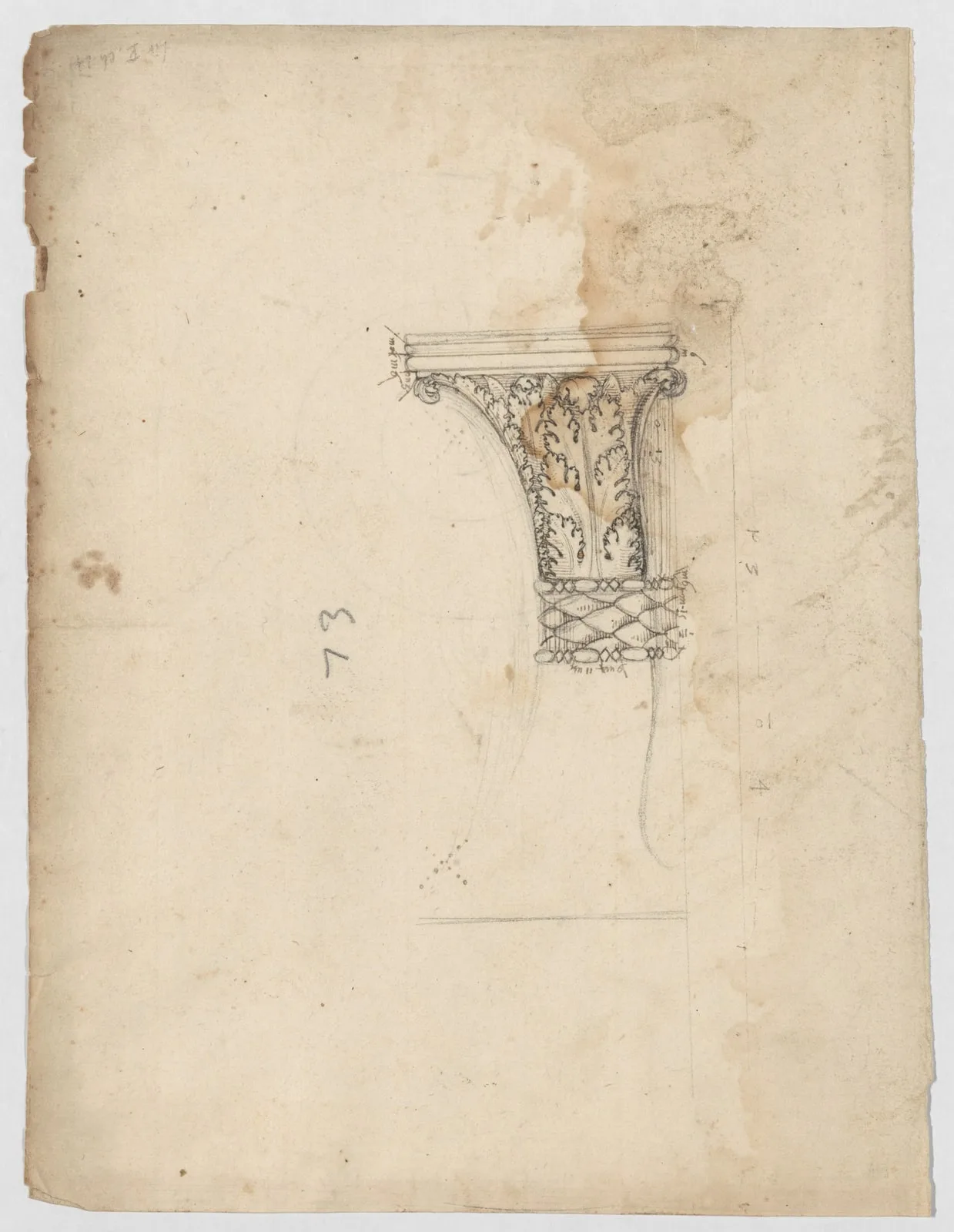 S. Maria in Trastevere, Ionic capital, side elevation (recto); Unidentified, Ionic capital volute, construction diagram (verso)