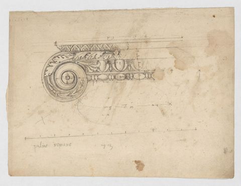 S. Maria in Trastevere, Ionic capital, volute, side elevation (recto) Unidentified, Ionic capital volute, construction diagram (verso)