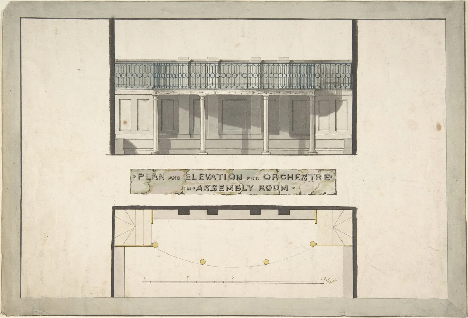 Design for an Orchestra Gallery in an Assembly Room, Plan and Elevation