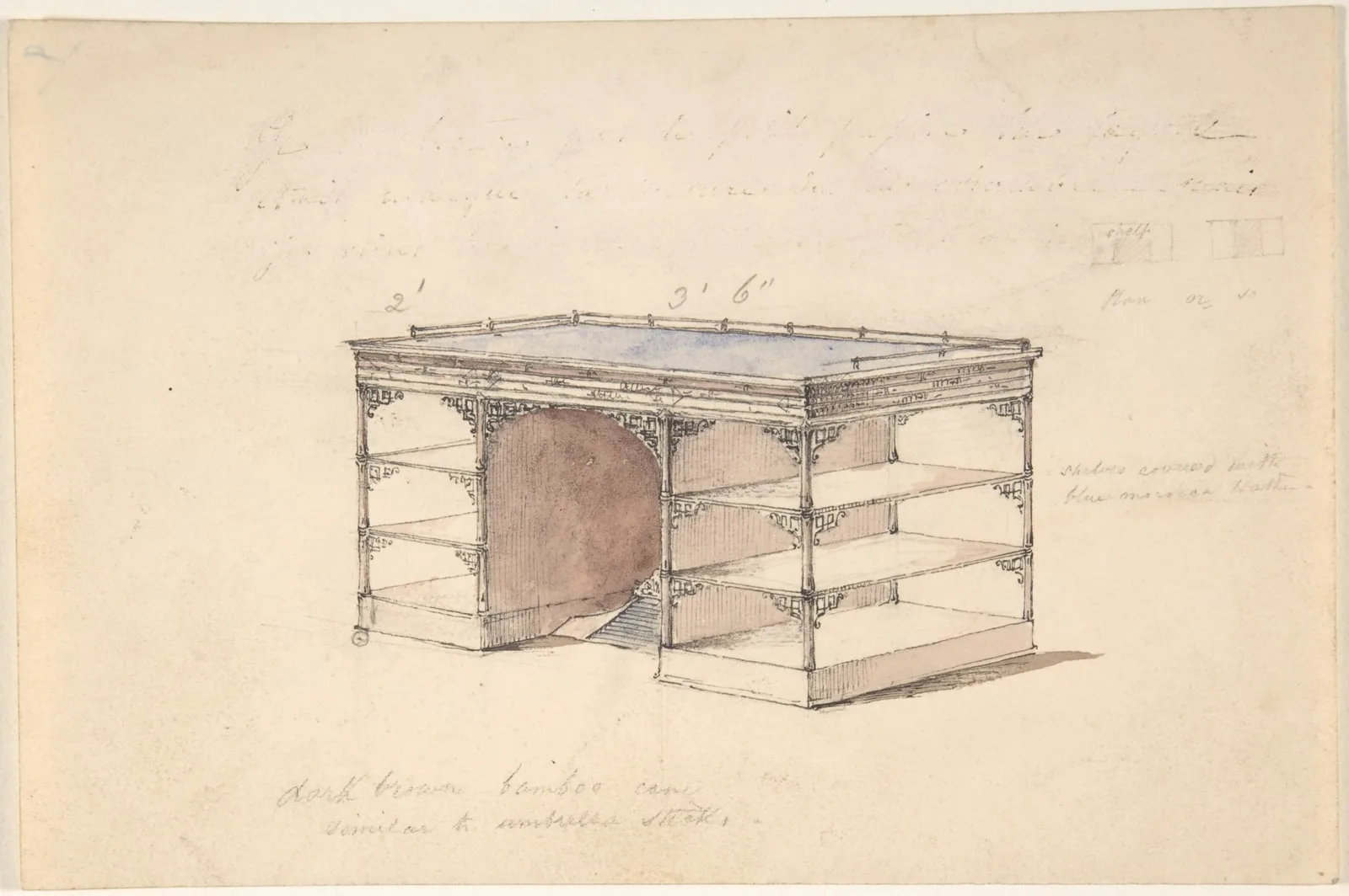 Design for a desk with shelves and a gallery
