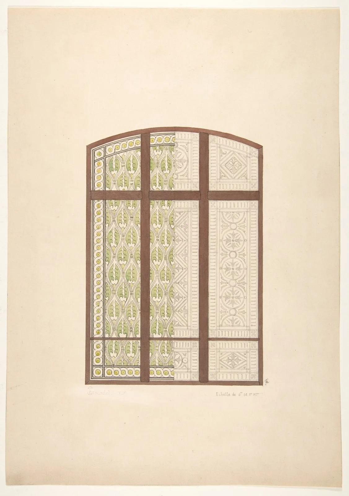 Design for an arched stained glass window, showing two alternative patterns