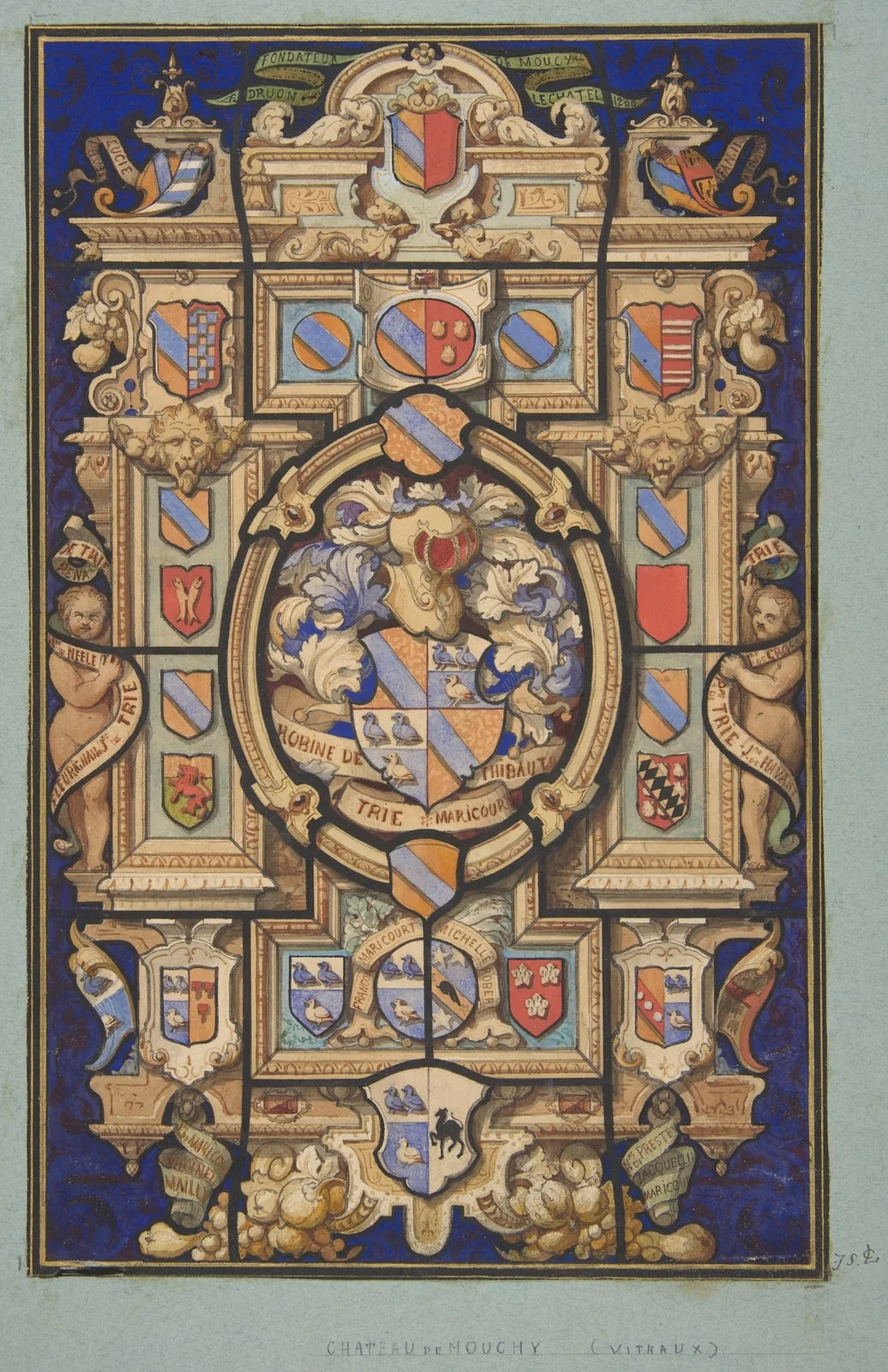 Design for a stained-glass window with heraldic designs for the Château Mouchy (Oise)