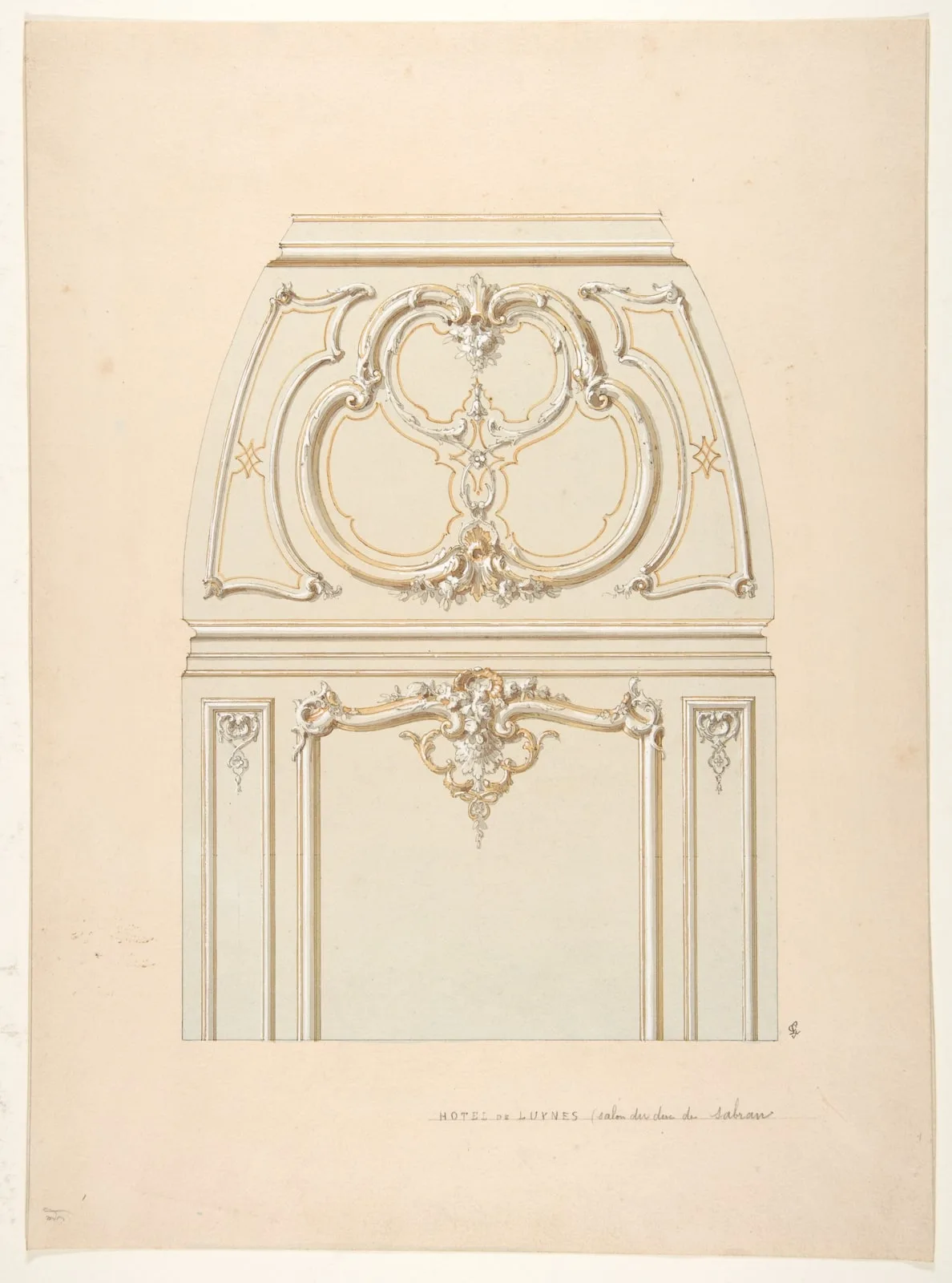 Design for Rococco-style wall and cove ornament in the salon of the Hotel de Luynes, owned by the Duc de Sabran