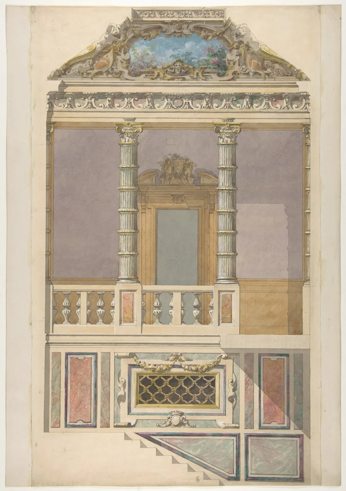 Elevation of an Italianate interior, including steps and an upper loggia decorated in composite columns