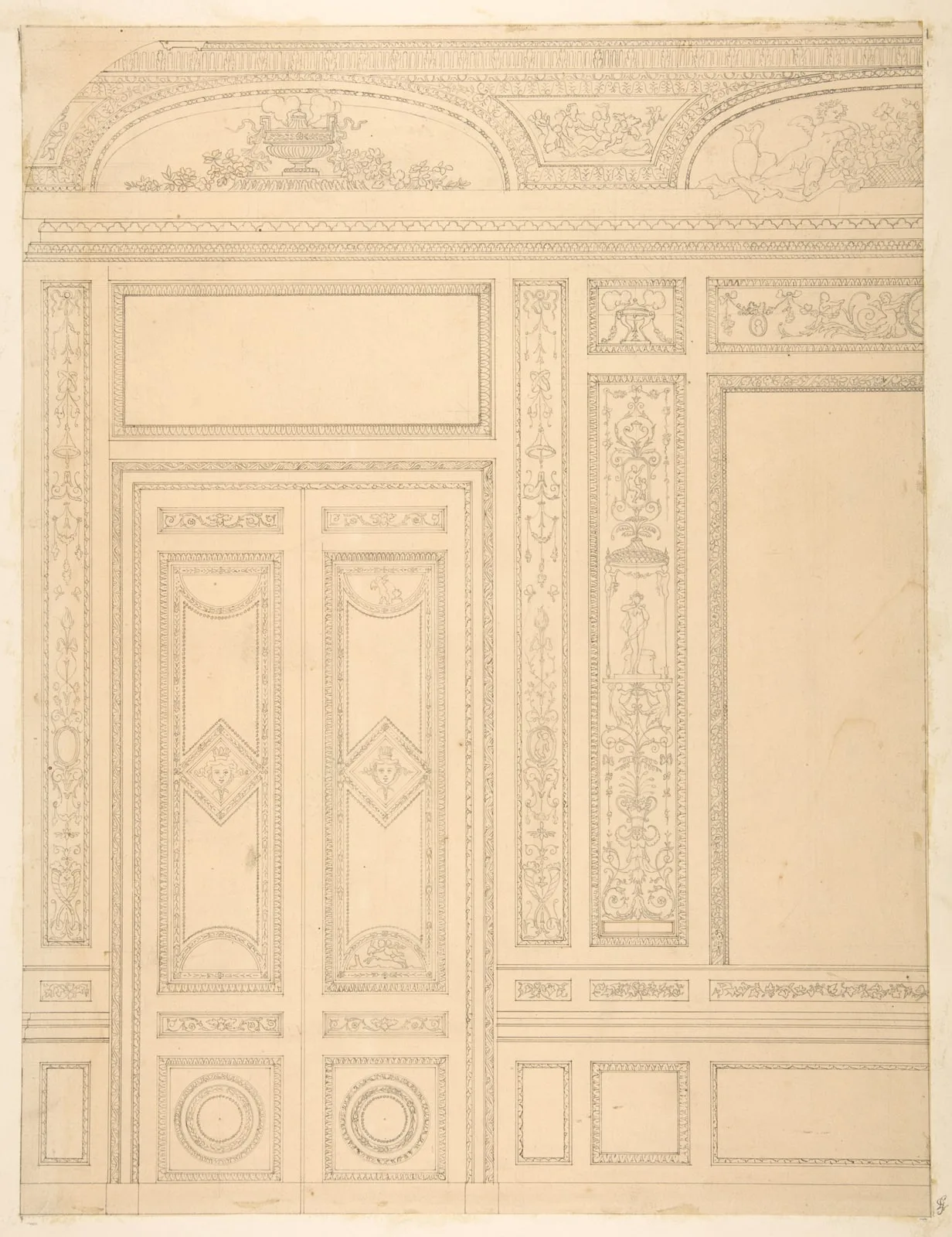 Elevation of an interior showing a paneled wall and double doors decorated in rococco sty.e