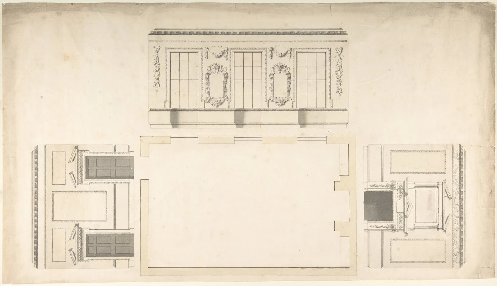 Room Design Showing Plan and Three Wall Elevations