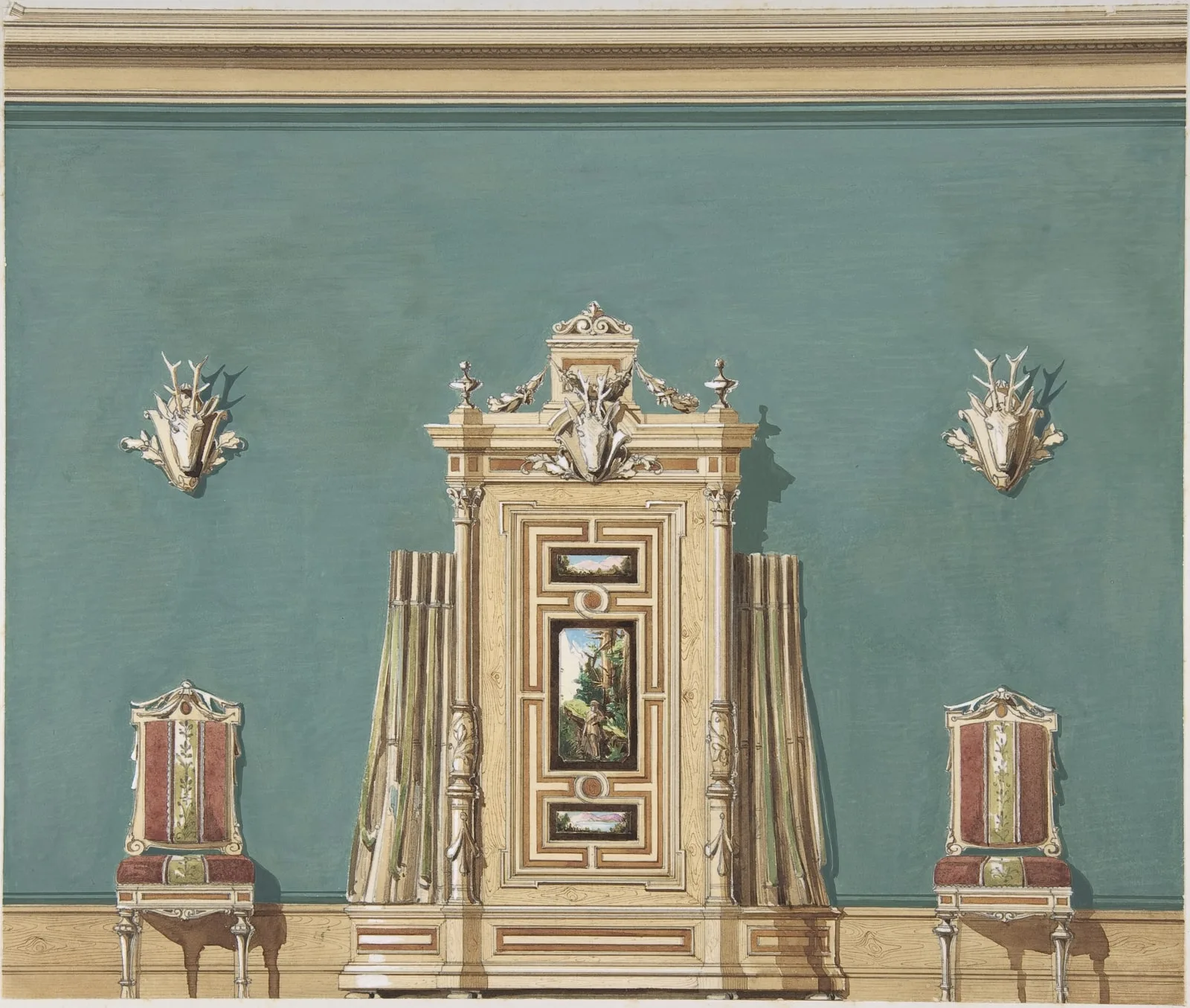 Interior Design witha Gun Cabinet and Two Chairs against a Green Wall Adorned with Trophies