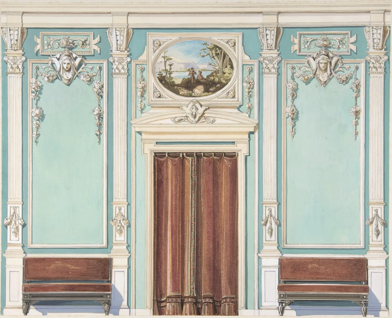 Interior Design with a Central Door with Brown Curtains Flanked by Benches, against an Aquamarine Wall, with an Overdoor Painting