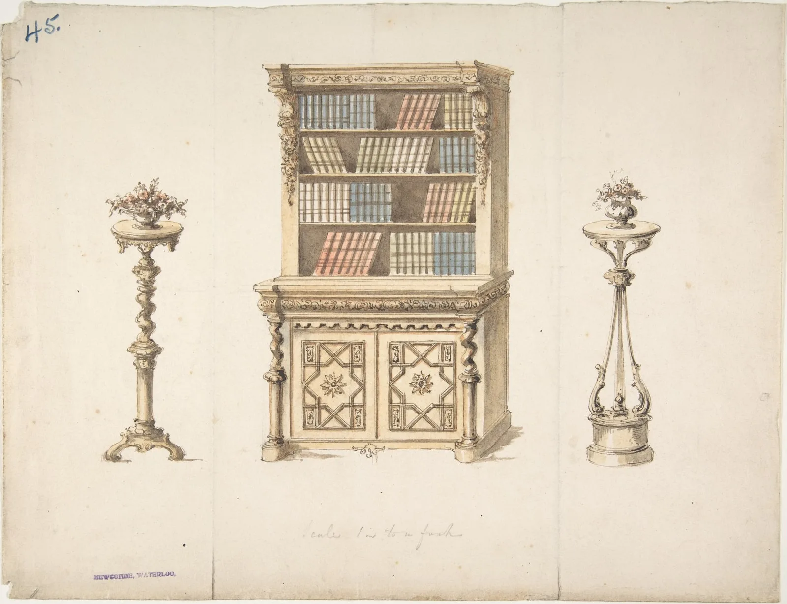 Design for a Cabinet-Bookcase and Two Stands for Flowers