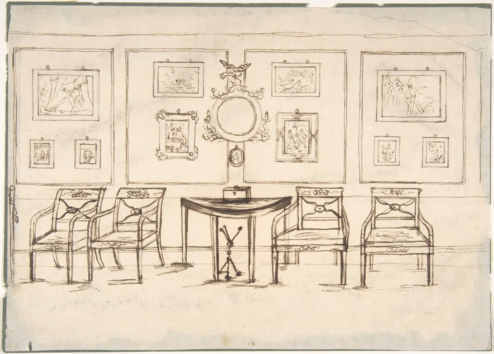 Interior with Four Armchairs, a Round Mirror, Demilune Table and Framed Prints or Drawings