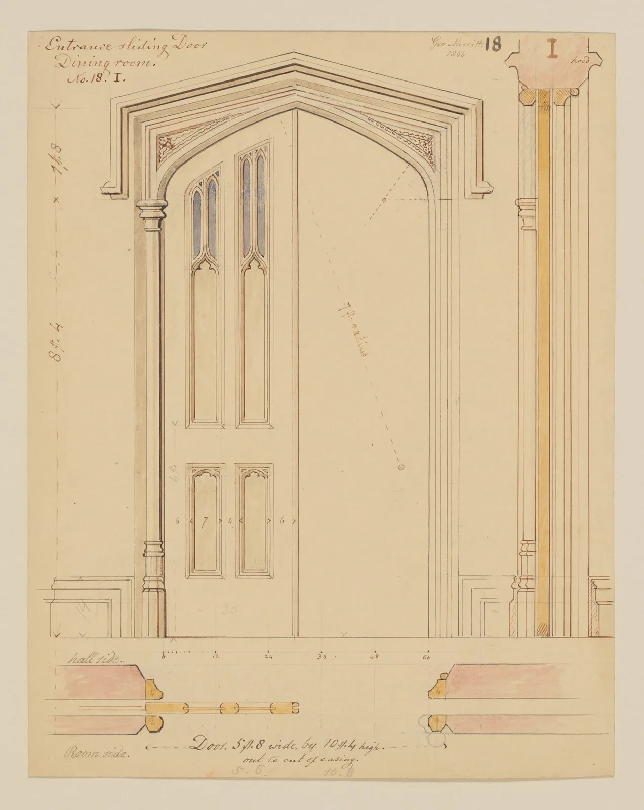 Technical Drawing of the Sliding Door for the Dining Room at Lyndhurst for George Merritt, Tarrytown, New York
