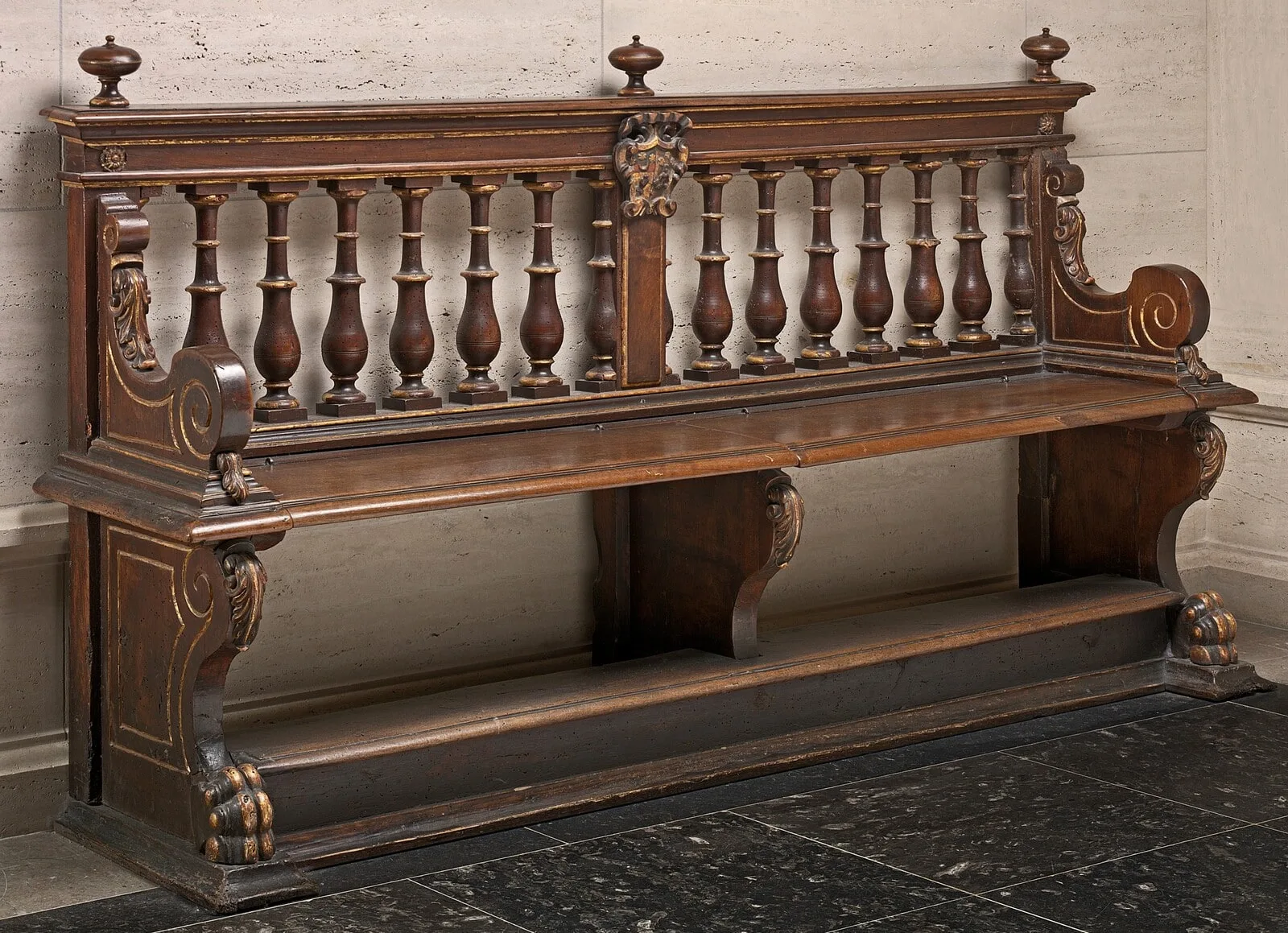 Walnut Bench with Balustraded Back