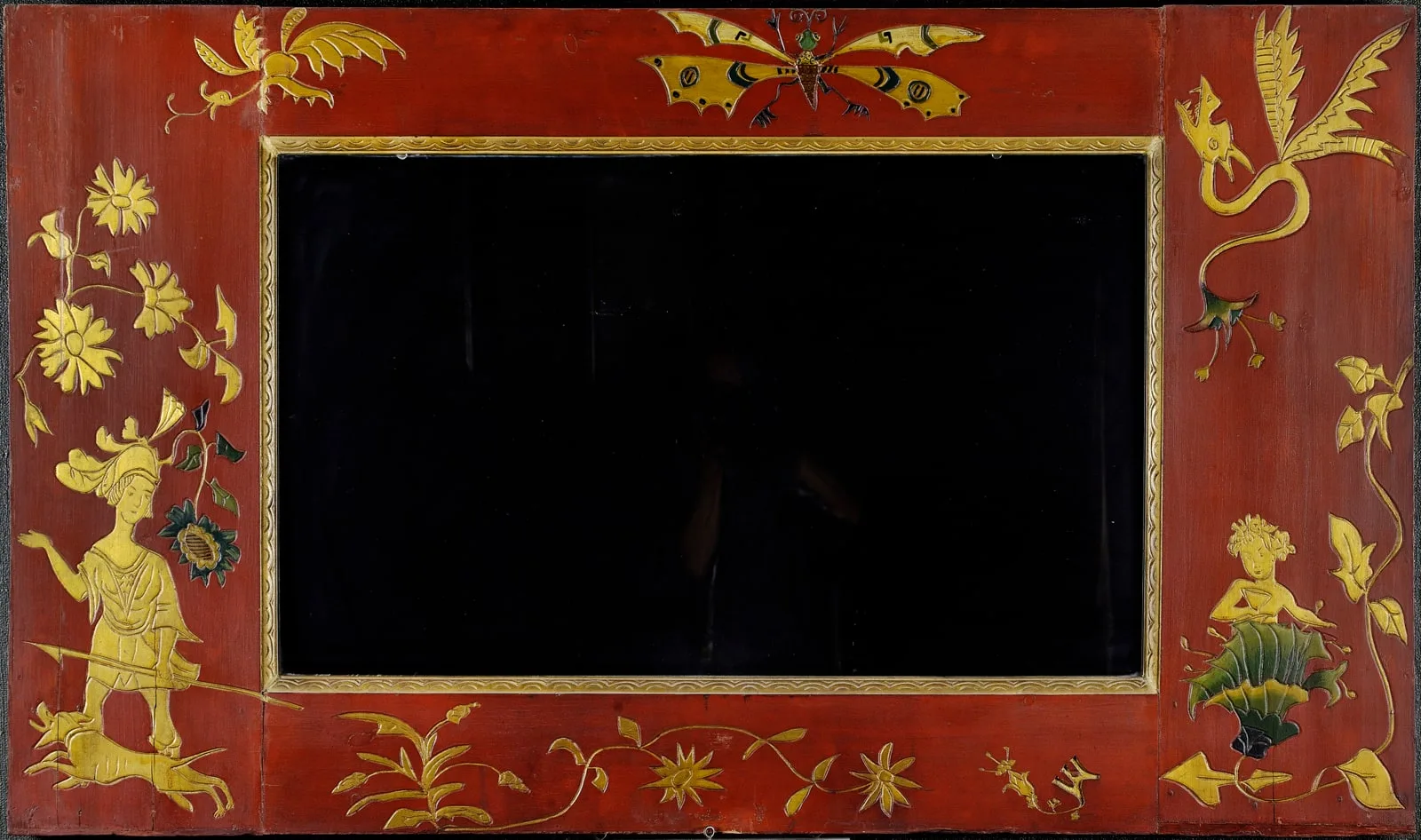 Miroir avec cadre au décor de chasseur, fleurs et insectes