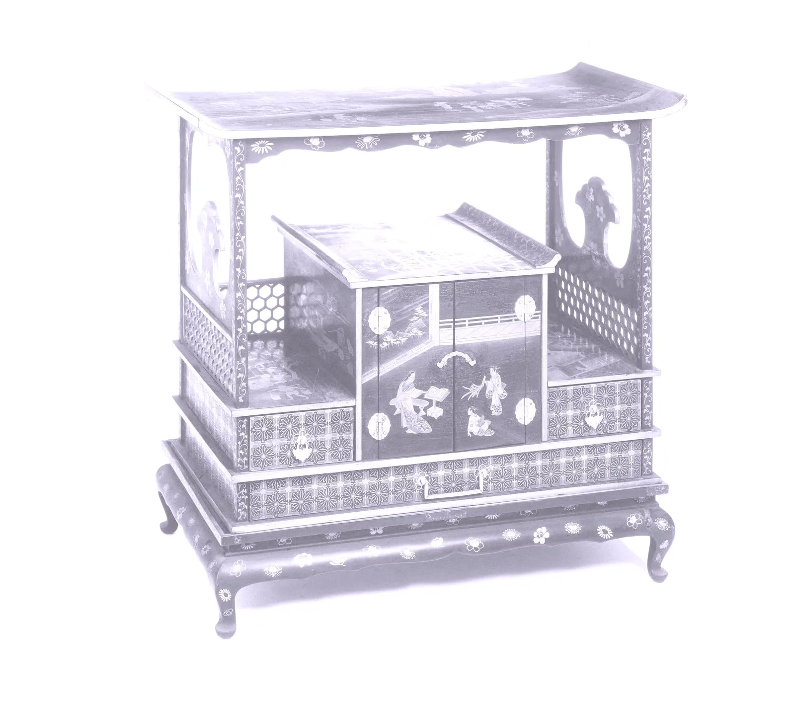 Meuble étagère avec armoire et tiroirs, sur un socle