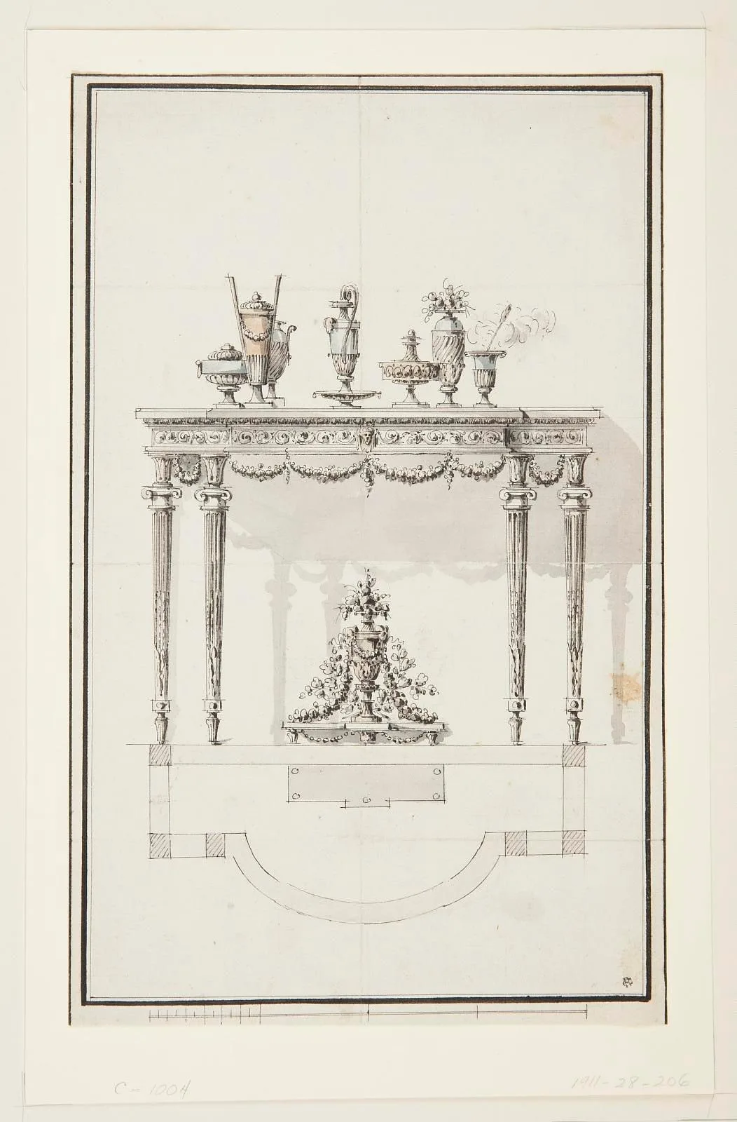 Elevation and Plan for a Side Table with Covered Dishes, Urns and Cup