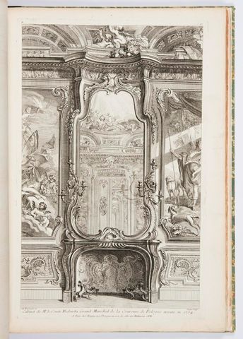 Cabinet de Mr. le Comte Bielenski (sic), Grand Maréchal de la Couronne de Pologne executé en 1734; Chiminée avec glace, avec de chaque côté une partie du lambris d'appui et des peintures, 1st Plate, plate 87 in l'Oeuvre de Juste Aurèle Meissonier, Paris, 1748