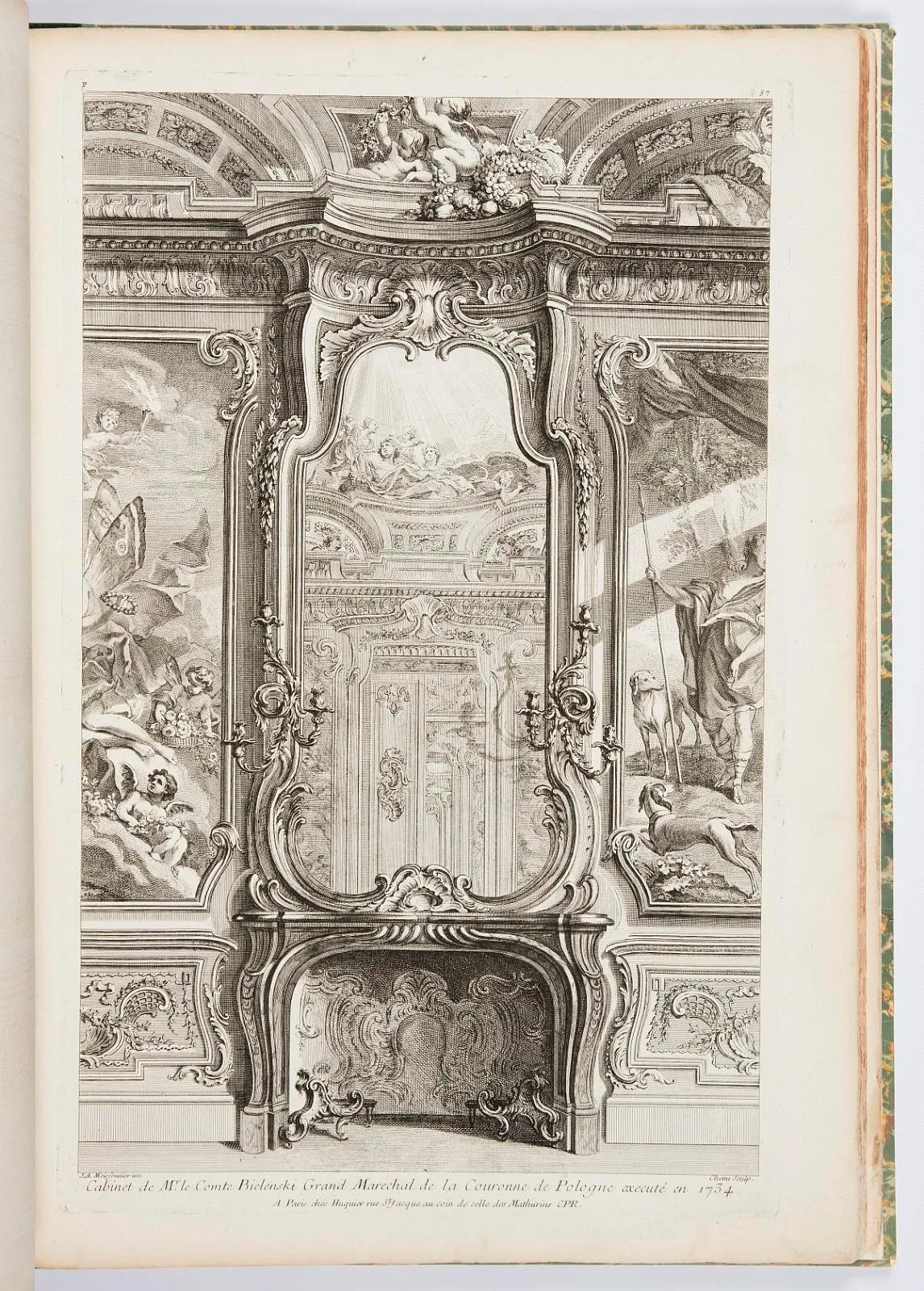 Cabinet de Mr. le Comte Bielenski (sic), Grand Maréchal de la Couronne de Pologne executé en 1734; Chiminée avec glace, avec de chaque côté une partie du lambris d'appui et des peintures, 1st Plate, plate 87 in l'Oeuvre de Juste Aurèle Meissonier, Paris, 1748
