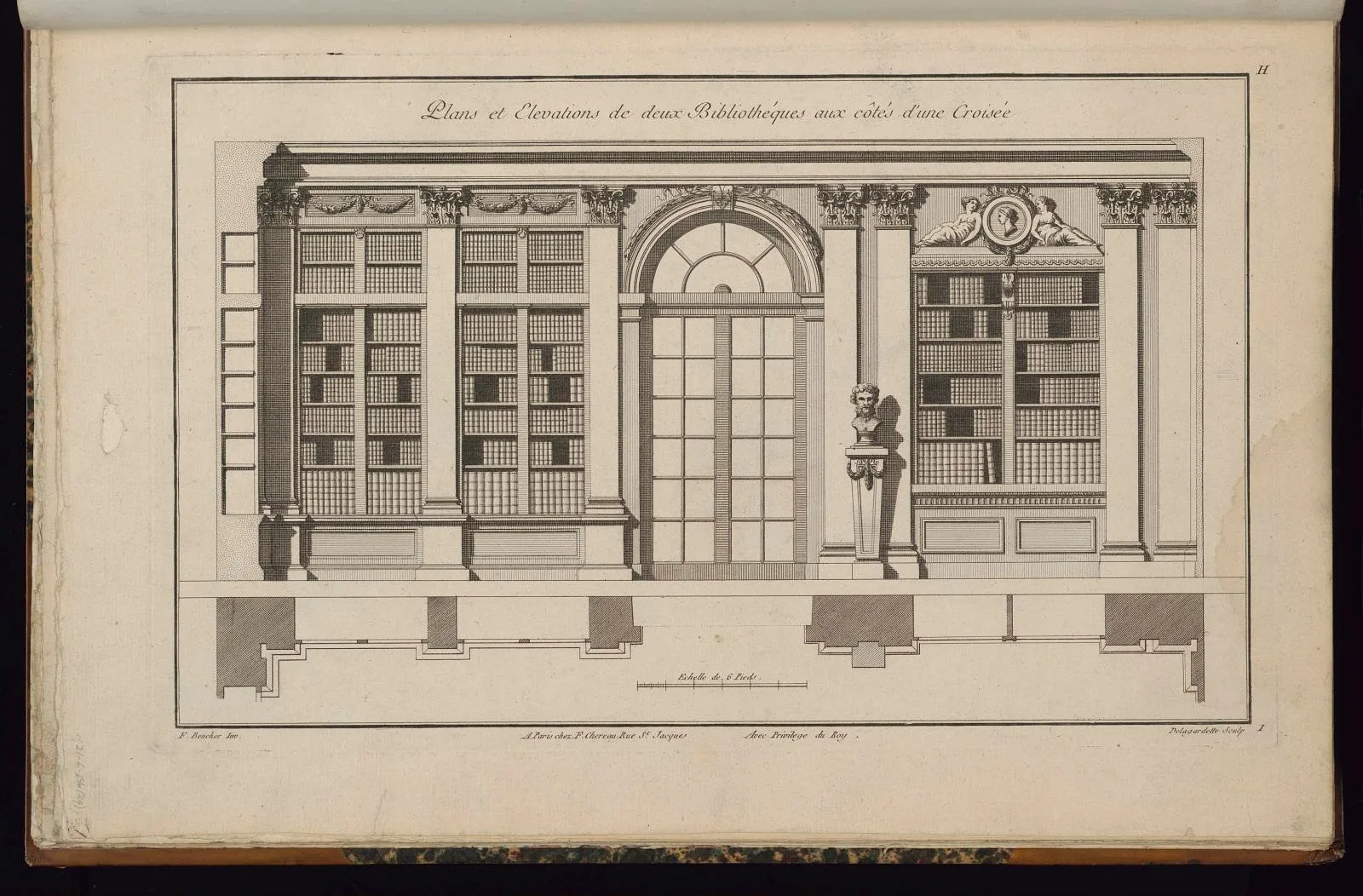 Plans et Elevations de deux Bibliothèques aux côtés d'une Croisée