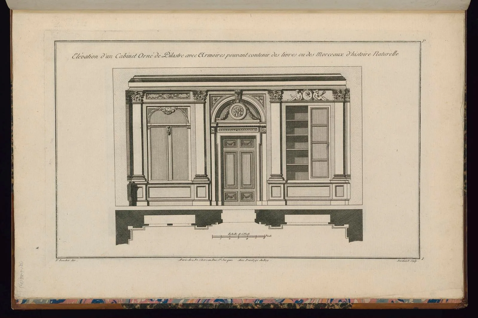 Elévation d'un Cabinet Orné de Pilastre avec Armoires pouvant contenir des livres ou des Morceaux d'histoire Naturelle