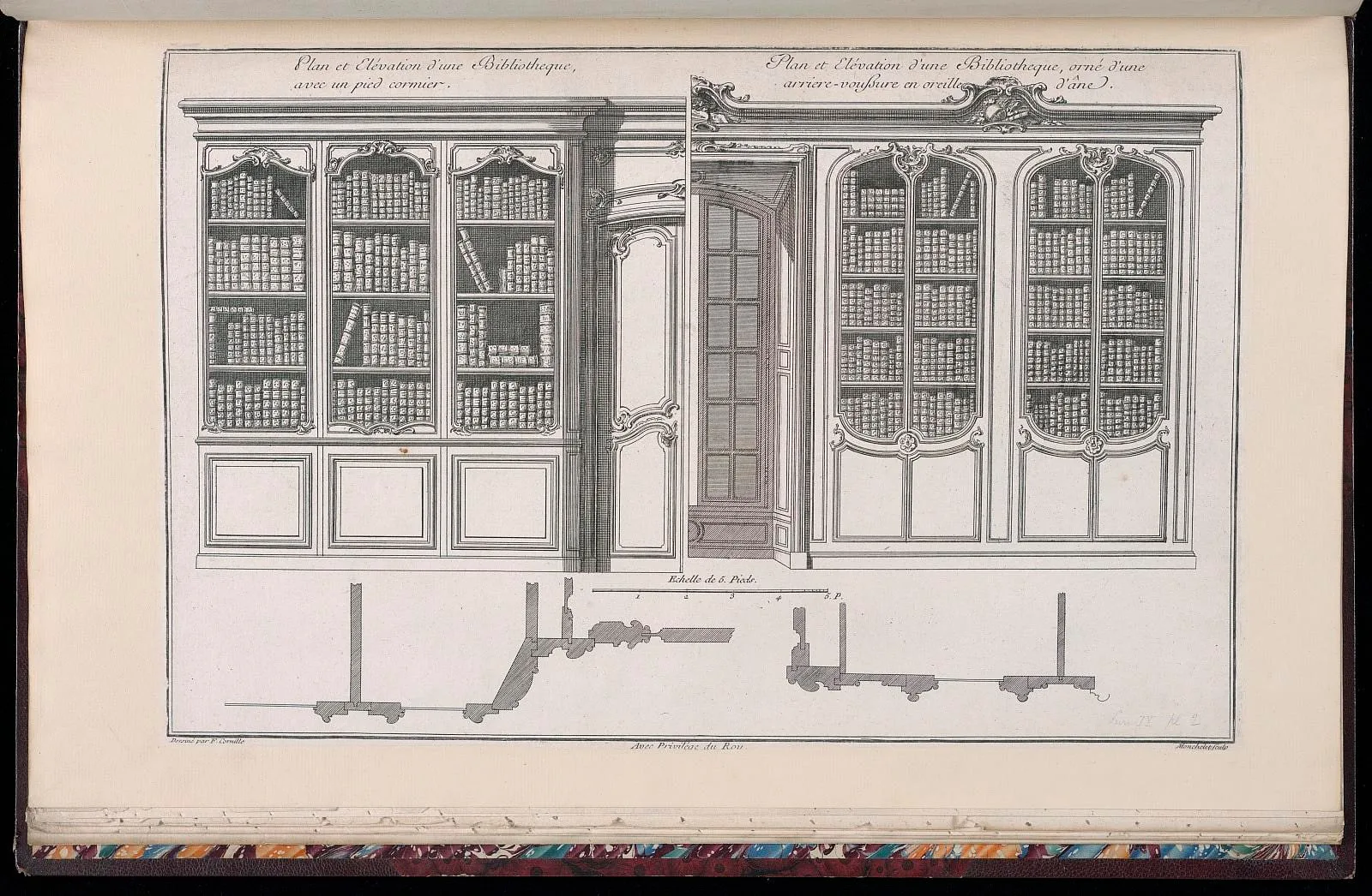 Plan et Elévation d’une Bibliotheque, avec un pied cormier / Plan et Elévation d’une Bibliotheque, orné d’une arriere-voussure en oreille d’âne