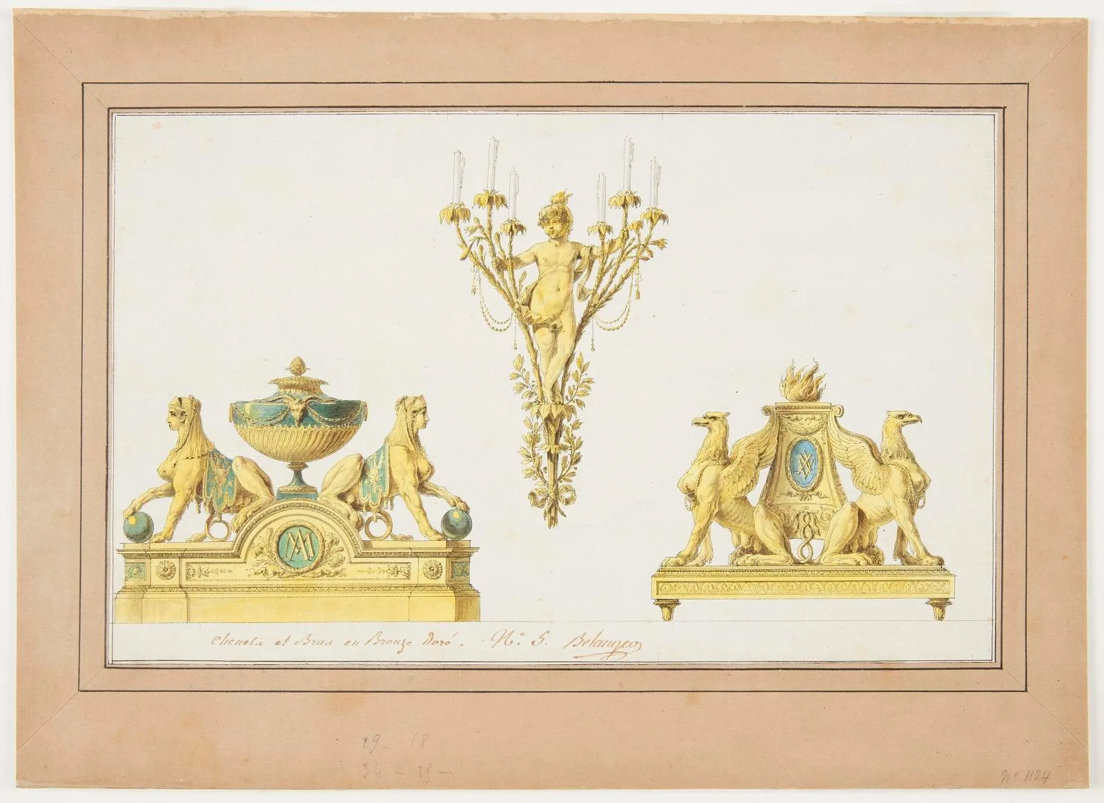 Design for Two Andirons and Sconce of Gilt Bronze