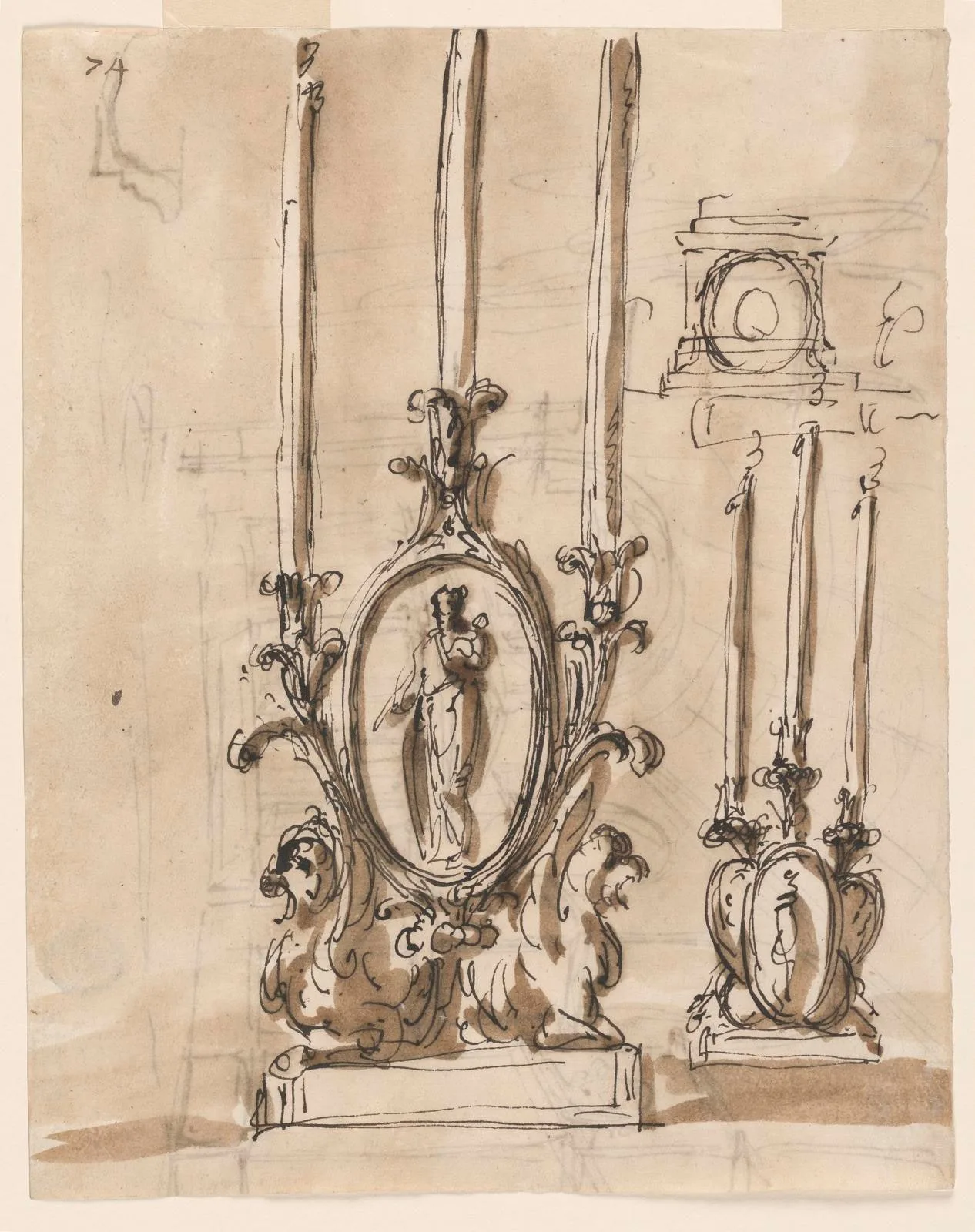 Recto: candlesticks; Verso: mausoleum in a church-like hall