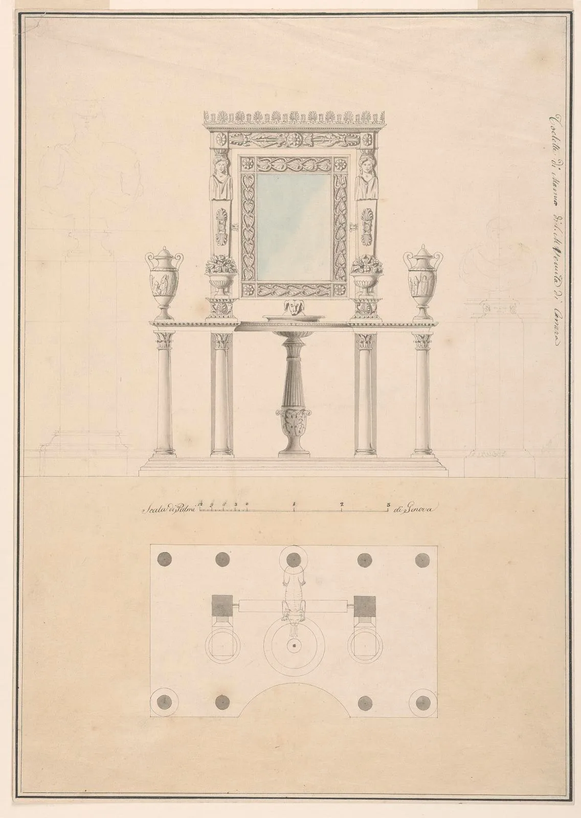 Elevation and Plan of Wash Basin and Mirror in Carrara Marble