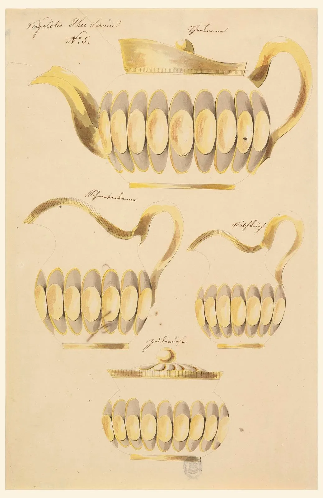 Designs for Teapot, Hot Water Pitcher, Milk Pitcher and Sugar Bowl