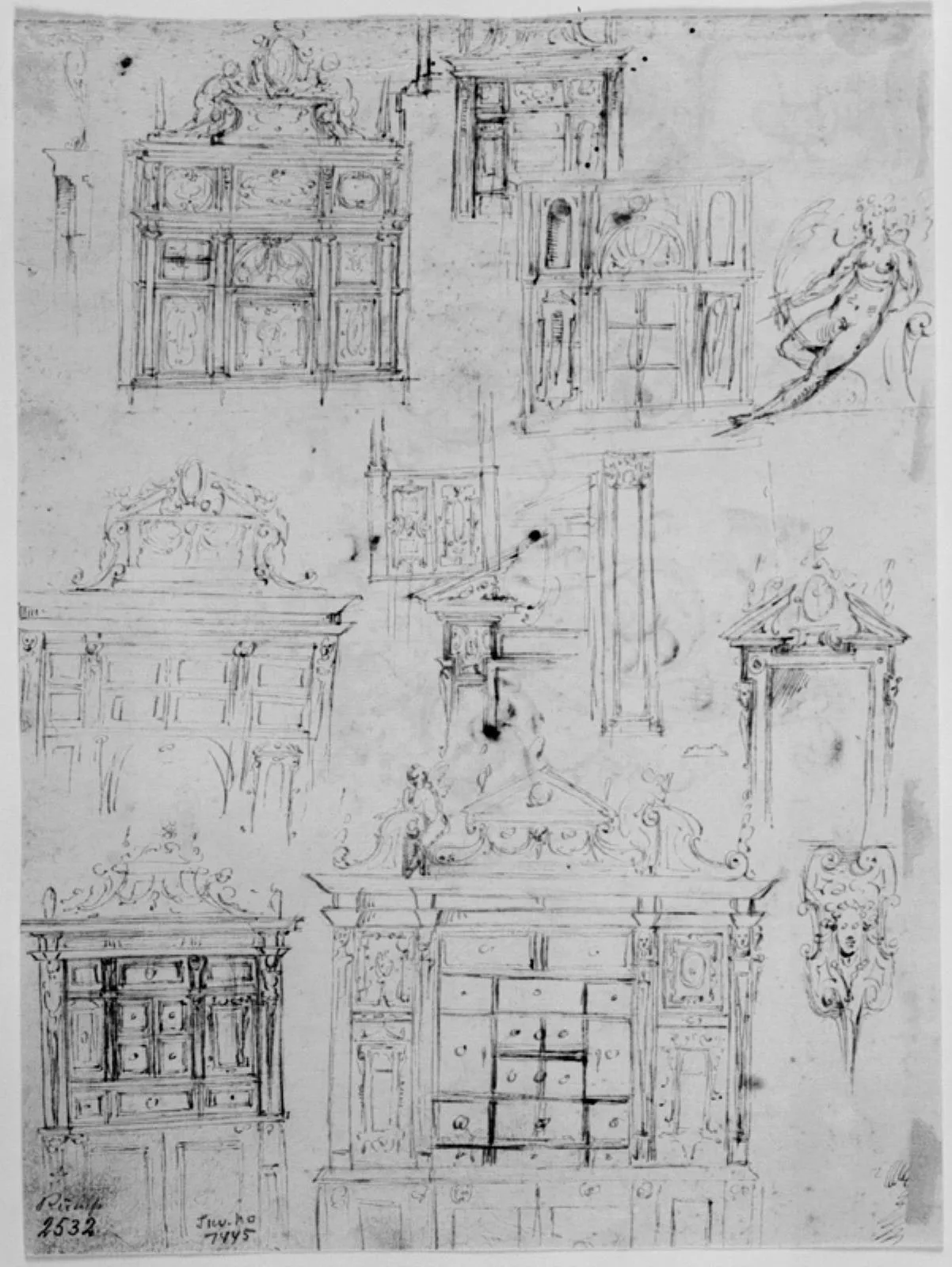 Designs for cabinets, portals, a mascaron and a victory