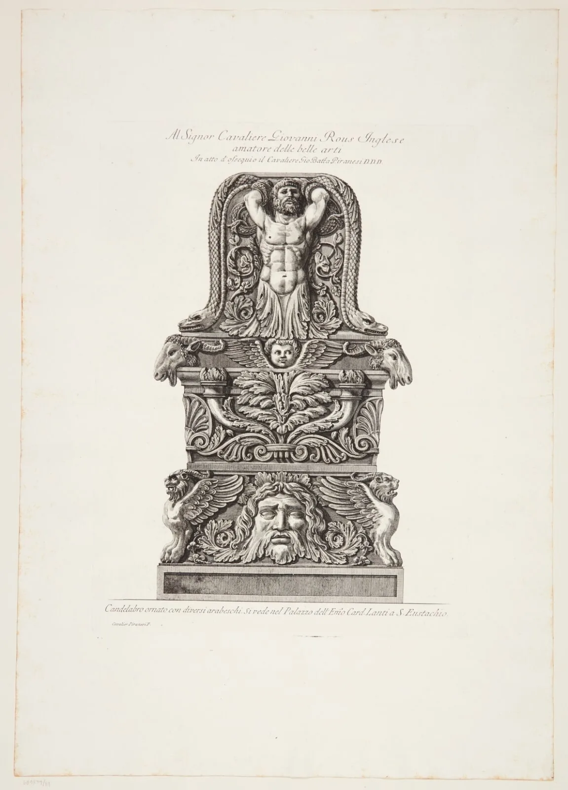 Candelabrum base with a merman flanked by snakes, and goat's heads, cornucopias and other ornaments