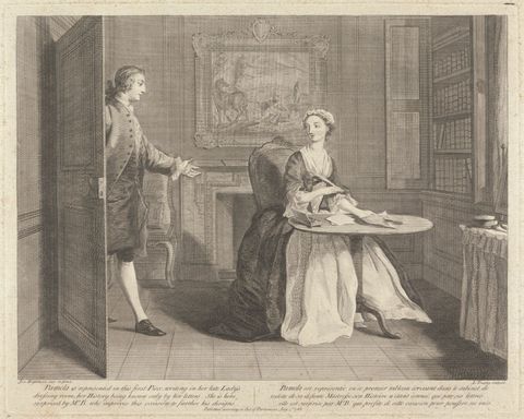 Pamela is represented in this first Piece, writing in her late Lady's dressing room, her History being known only by her letters.  She is here surprised by Mr. B. who improves this occasion to further his designs