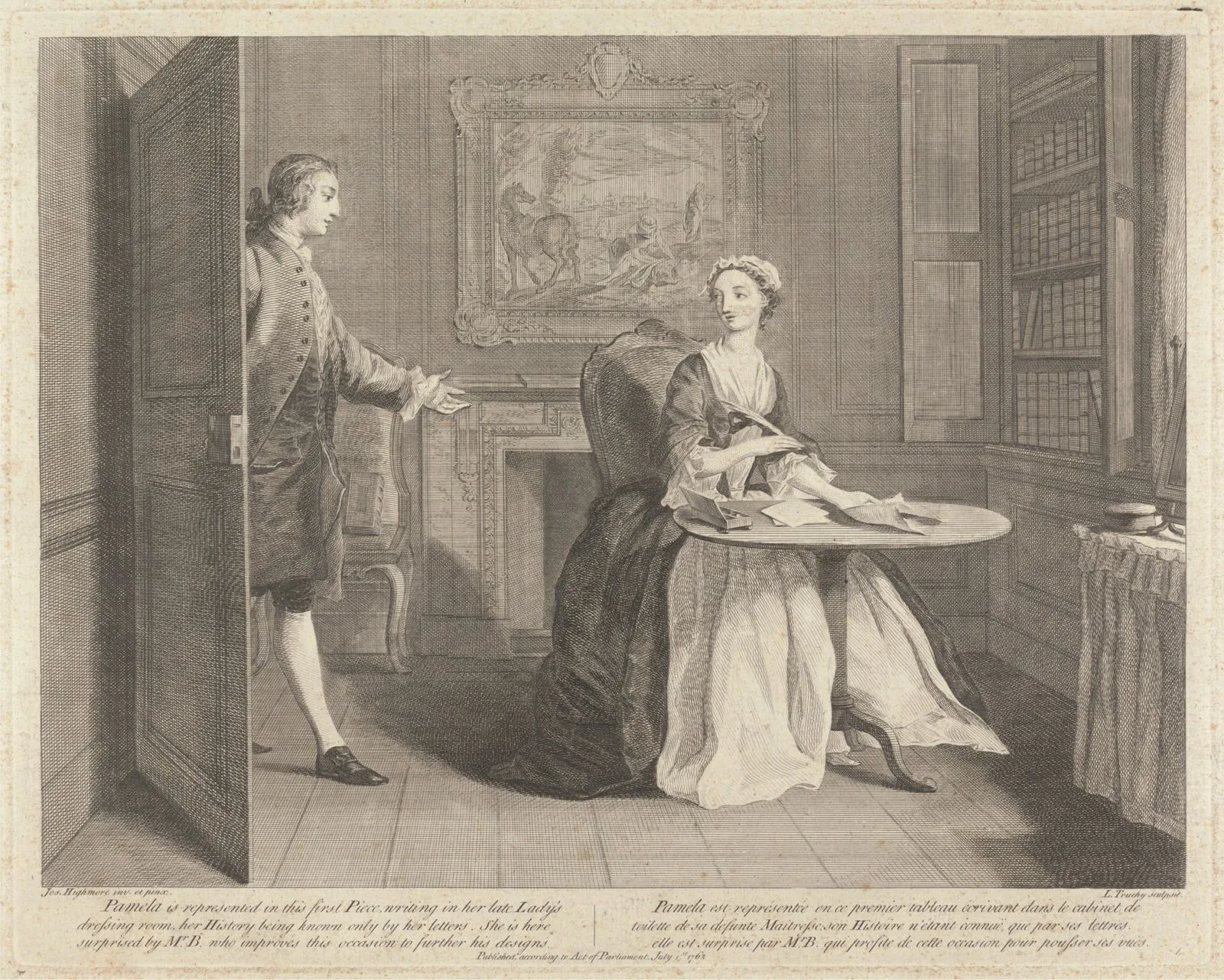 Pamela is represented in this first Piece, writing in her late Lady's dressing room, her History being known only by her letters.  She is here surprised by Mr. B. who improves this occasion to further his designs